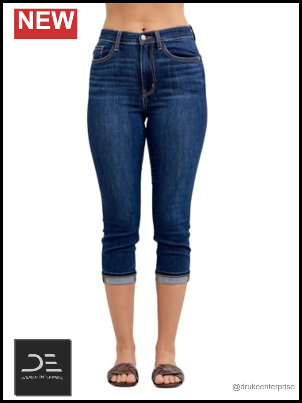 High Rise Cuffed Capri Jeans Cotton Blend Regular Fit Zip